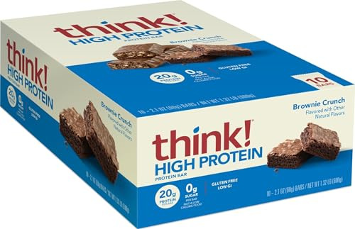 think! Protein Bars, High Protein Snacks, Gluten Free, Sugar Free Energy Bar with Whey Protein Isolate, Brownie Crunch, Nutrition Bars Without Artificial Sweeteners, 2.1 Oz (10 Count)