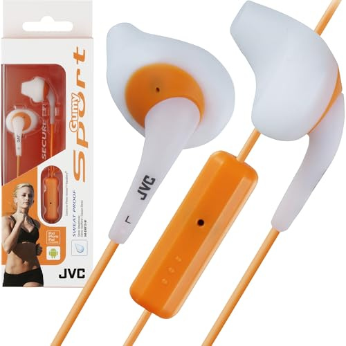 JVC White and Orange Nozzel Secure Comfort Fit Sweat Proof Gumy Sport Earbuds with long colored cord HA-ENR15W
