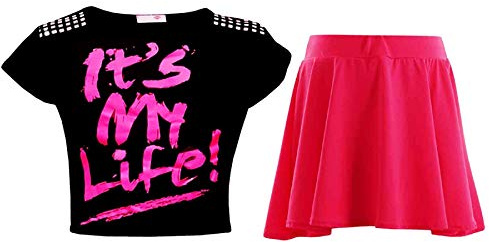 A2Z 4 Kids Girls T-Shirt and Skater Skirt Set Short Sleeve Top and Flared - Its My Life Black & Skirt Set 7-8