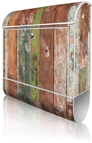banjado Design Briefkasten 38,5x46,5x13cm & 2 Schlüssel - Briefkasten Stahl Weiß mit Zeitungsfach pulverbeschichtet - Postkasten A4 Einwurf inkl. Montagematerial - Motiv Buntes Holz