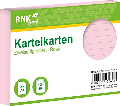 RNKVERLAG 115063 - Karteikarten liniert 7 mm, rosa, DIN A6, 1 Packung à 100 Karten