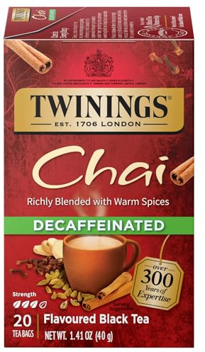 Twinings Tea Chai Tea, Decaf, 20 ct | Sweet & Savoury Cinnamon, Ginger, Cardamom & Clove, Blended With Decaf Black Tea, 20 Foil Lined Individually Wrapped Bags