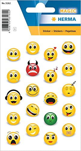 HERMA 3162 Aufkleber Smiley klein, 20 Stück, 3D Belohnung Sticker mit lustigen Emoji Gesicht Motiv, Kinder Etiketten für Schule Grundschule Schüler Tagebuch Scrapbooking Geburtstag Deko DIY Basteln