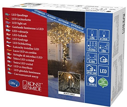 Konstsmide Luces de Navidad/Luces de hadas LED/Luces de árbol de Navidad para exteriores o interiores (IP44)/Transformador de 24V Enchufe/120 diodos blancos ámbar/Luces de cadena de cable negro