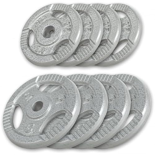 GORILLA SPORTS® Hantelscheiben - Einzeln/Set, 0,5kg, 1,25kg, 2kg, 2,5kg, 5kg, 10kg, 15kg, 20kg, 27,5kg, 30kg Gewichte, Tri-Grip, 30mm, Gusseisen, Silber/Schwarz - Gewichtsscheiben, Hanteln Set