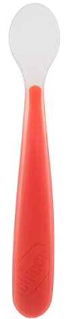 Chicco Cuchara Silicona Bebé, Cucharas Blandas para Bebés y Niños, Suaves y Flexibles con Mango Largo Curvo Ergonómico, Cuchara para Bebé Aprendizaje + 6 Meses, 1 Unidad, Roja