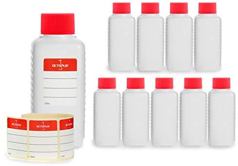 Octopus Bouteilles en Plastique 10 x 100 ML, Bouteilles en Plastique PE-HD avec Bouchon à vis de Rouge, Bouteilles vides avec Bouchons à vis Rouge, Bouteilles carrées. Dix étiquettes incluses.