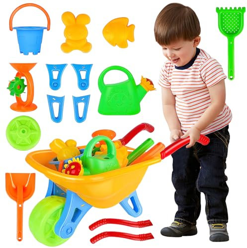 deAO Kids Wheelbarrow Gardening and Beach Toys, Toddler Gardening Set, Wheelbarrow Set, Outdoor Toys Activities with Accessories Including Bucket Spade Rake, Summer Toys