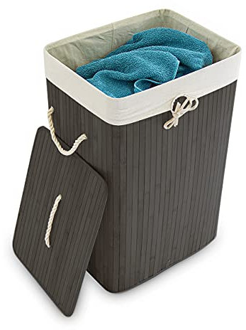 Relaxdays Wäschekorb Bambus, mit Deckel, rechteckig, 83 L, faltbarer Wäschesammler, HBT: 65,5 x 43,5 x 33,5 cm, schwarz