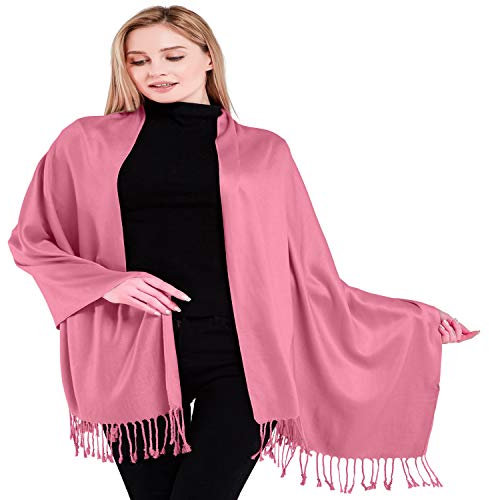 CJ Apparel Rose Pink Solid Color Tassels Design Nepalese Shawl Seconds Scarf Wrap Stole Throw Head Wrap Pashmina Hand Made in Nepal New