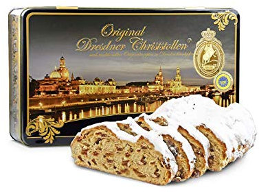 750 g handgemachter Original Dresdner Christstollen® in Aluminium-Geschenkdose Motiv Canaletto bei Nacht