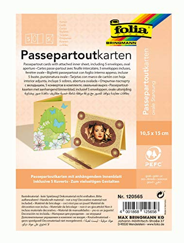 folia 120565 - Passepartouts mit ovaler Stanzung, ca. 10,5 x 15 cm, 5 Karten (220 g/qm) und Kuverts, gold - ideal für Einladungen, Glückwunsch- oder Grußkarten