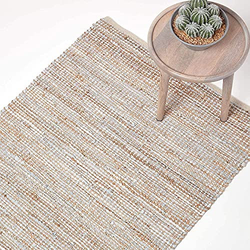 Homescapes Teppich Madras Natur 90x150 cm – handgewebter Teppich aus Hanf & Recycling-Leder, Flachgewebe im Streifen-Design