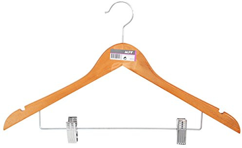 MSV Bois De Lotus Varnish Plus Metal Wooden Clothes Hanger with Clips, Brown