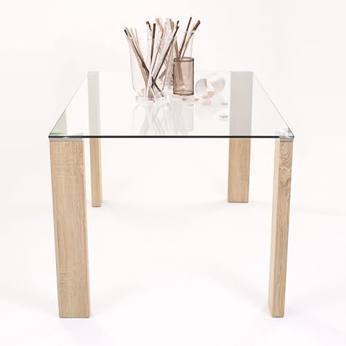 Homely | Mesa de Comedor ROSSET | Mesa Salón, Cocina, Oficina | Estilo Moderno | Diseño Sencillo, Actual y Elegante | Tapa Cristal Templado | Patas de MDF Laminadas Color Madera | 140x90 cm