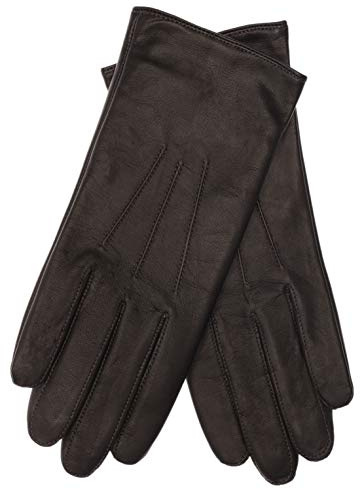 EEM Damen Lederhandschuhe, weiches italienisches Leder, weiches Fleecefutter, drei Abnäher, dunkelbraun M