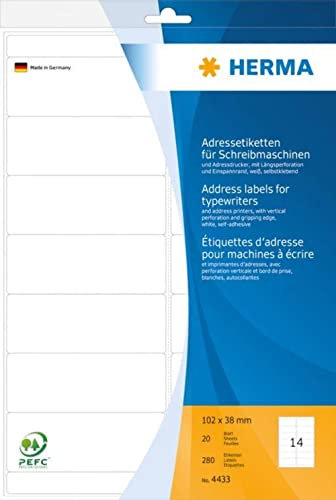 HERMA 4433 Adressetiketten für Schreibmaschinen, 20 Blatt, 102 x 38 mm, 14 pro A4 Bogen, 280 Stück, selbstklebend, bedruckbar, matt, blanko Papier Klebeetiketten Adressaufkleber Etiketten, weiß