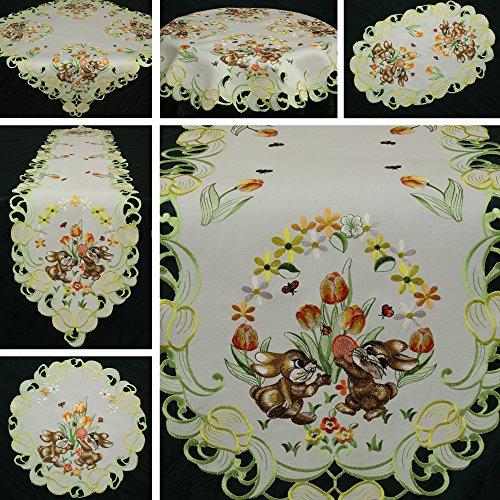 Ostern Tischläufer/Tischdecke Weiß mit gelb-orange Tulpen, Marienkäfer Stickerei - Größe wählbar (ca. 22 x 37 cm Oval)