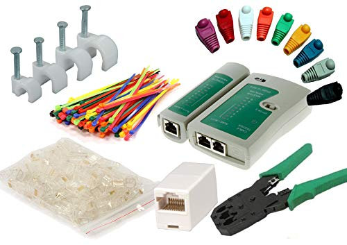 MutecPower - kit di strumenti di rete via cavo: Cavo tester + Pinza crimpatrice + 50 connettori RJ45 + 50 fermacavi da parete + 50 cable boots + 2 accoppiatore RJ45 + 50 fascette per cavi