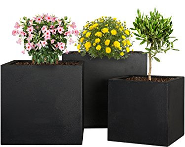 Pflanzwerk® Maceta Fibra de Vidrio Cube Antracita 3er-Set 23cm + 28cm + 34cm *Resistente a Las heladas* *Protección UV* *Calidad Europeo*