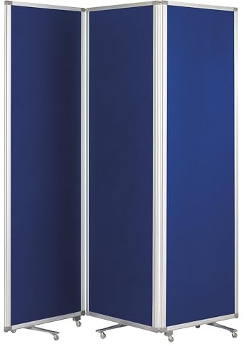 magnetoplan | 3-Paneel Raumteiler Faltwand mit Rollen 1800 x 1810 x 370 mm | Mobile Trennwand | Ausstellungs-Sichtschutz | Büro-Raumteiler, 1105303, Rahmenfarbe: altweiß| Wandfarbe: royalblau