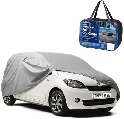 Streetwize Small Waterproof Car Cover, Fully Weatherproof & Breathable, Heavy Duty Protection from Dust, Dirt, UV Rays, Snow and Ice, Elasticated Hem with Buckle Strap, 406 x 165 x 117 cm – SWWCCS