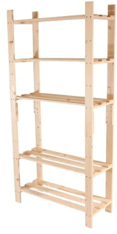 Core Products Spacious 5-Shelf Utility Rack Standing Unit | Solid Pine Wood Construction & Slatted Shelf Panels | Paintable & Stainable, DIY Friendly | Compact Storage for Garage, Hallway, Bedroom