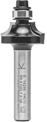 ENT 09806 Viertelstabfräser HW, Schaft (S) 8 mm, Durchmesser (D) 22,7 mm, NL 9,5 mm, R 5 mm, SL 32 mm, mit Kugellager