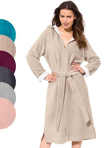 Morgenstern Bademantel Damen Reißverschluss Kapuze Hausmantel Sand L