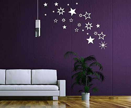 30 selbstklebende Sterne Fensteraufkleber 70001 - weiß - Deko Wandaufkleber Fensterbild, Kinderzimmer, Fahrradaufkleber, Wandtattoo Sternchen - 30 Farben wählbar