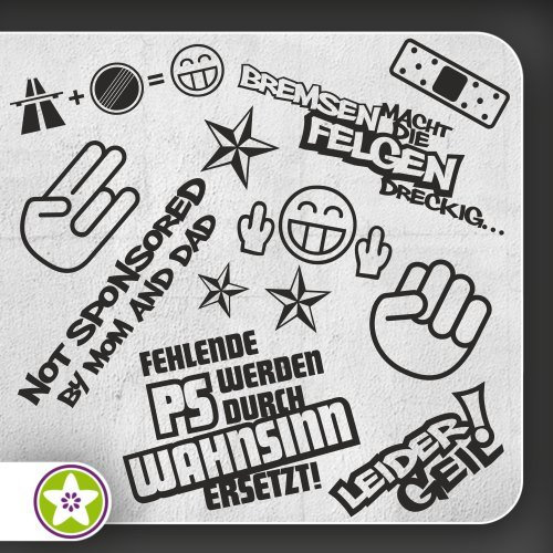 Kiwistar Sticker Bomb Set 1 schwarz - Bogen: A4 Bremsen…Felgen…, Shockerhand, Autobahnfreak, Fehlende PS…, Leider Geil. Auswahl Sammlung Aufkleber Scheibe Tuning Decal