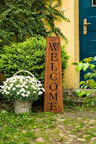 KUHEIGA Willkommen/Welcome Ständer/Säule H: 97cm Rost Schild, in Edelrost Breite/Tiefe,Oben: 16 x 16cm Breite/Tiefe, unten 25 x 25cm