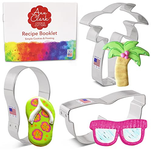 Summer Beach Cookie Cutters 3-Pc. Set Made in USA by Ann Clark, Flip Flop, Sunglasses, Palm Tree