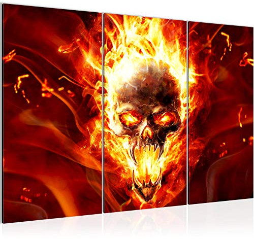 Runa Art Wandbilder Totenkopf Feuer Bild XXL Wohnzimmer Rot Schwarz Flamme 120 x 80 cm 3 Teilig 402331a