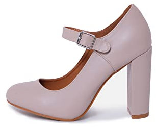 Womens Block High Heels Ankle Strap Court Shoes Ladies Mary Jane Comfort Work Pumps Formal Smart Office Heeled Party Occasion Strappy Slip On Heel Sandals Nude Faux Leather 8 UK