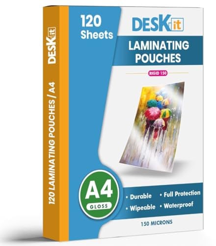 120 Sheets Deskit Laminating Pouches A4, Gloss,150 Microns - Clear and Durable Presentations - Ideal Rigidity for Everyday Use