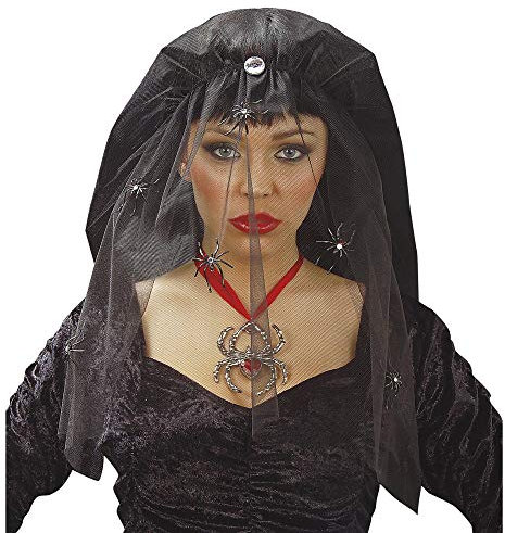 Widmann 8452Y - Schleier mit Spinnen, Schwarz, Schwarze Witwe, Hut, Kopfschmuck, Accessoire, Mottoparty, Karneval