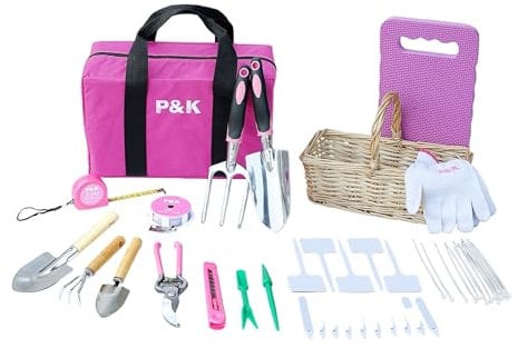 P & K 49-teiliges Gartenwerkzeugset in Pink mit praktischem Korb & Taschen | Perfekt für Garten- & Balkonarbeit, Pflanzpflege & kreative Gartenprojekte | Stilvolles Set für Hobbygärtner*innen