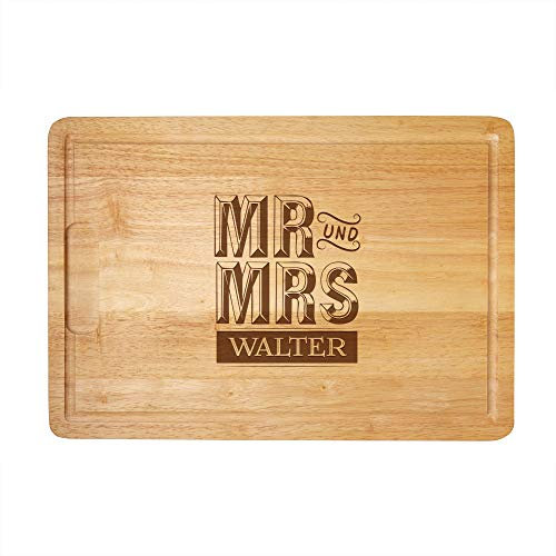 Casa Vivente Schneidebrett aus Holz mit Gravur zur Hochzeit, Mr und Mrs, Personalisiert mit Familienname, Holzbrett mit Saftrille als Hochzeitsgeschenk