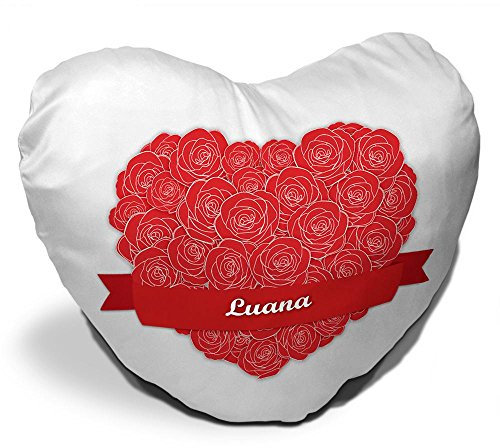Eurofoto Herzkissen mit Namen Luana und schönem Motiv mit Rosen-Herz zum Valentinstag | Valentinstagsgeschenk | Kuschelkissen | Schmusekissen