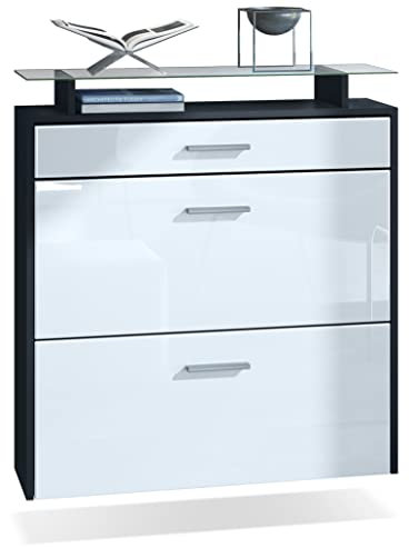 Vladon Schuhschrank Malea, hängender Schuhkipper für 16 Paar Schuhe mit 2 Klappen und 1 Schublade und Glasablage, Schwarz matt/Weiß Hochglanz (89 x 96 x 23 cm)