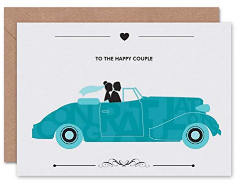 Wee Blue Coo WEDDING HAPPY COUPLE BRIDE GROOM MOTOR CAR ART GREETINGS GREETING CARD