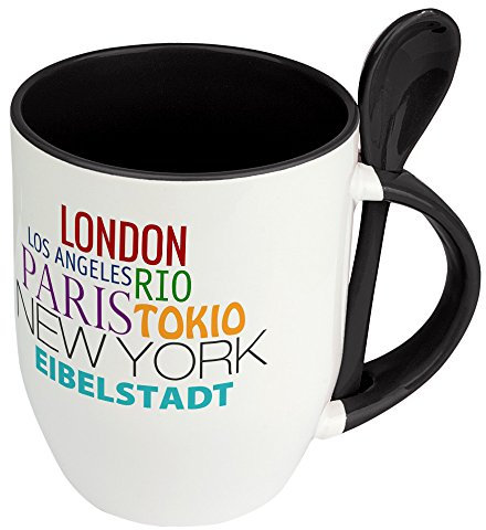 Städtetasse Eibelstadt - Löffel-Tasse mit Motiv Famous Cities in the World - Becher, Kaffeetasse, Kaffeebecher, Mug - Schwarz