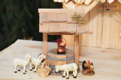 Krippenbeleuchtung Krippendeko - Tiere + Brunnen, Ziehbrunnen, mit 4 Tieren für 12 cm-Krippenfiguren (Schafe, Hühner), LED-Brunnenlicht + EIN-AUS-Schalter und Lämpchen + Körbchen / Holzkorb, ÖLBAUM Original-Krippenbeleuchtung für Weihnachtskrippe, historische Ausführung, beleuchtet