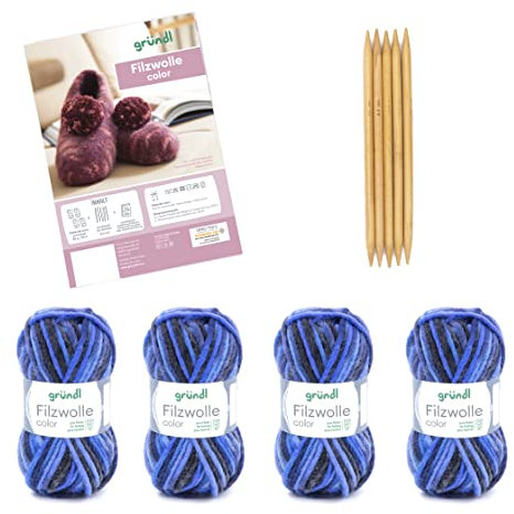 Gründl Strickset Filzwolle Color (Wolle zum Filzen & Stricken, waschbares Universalgarn aus 100 % Schurwolle, 50 g / 50 m, Nadelstärke: 8 - 9, 4 Knäuel á 50g), Blau-anthrazit Multicolor