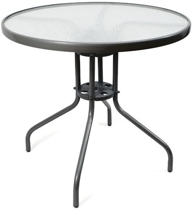 THE SECRET HOME - Mesa Redonda de Metal con Base de Cristal Texturizado - Alto. 70 cm x Diámetro. Ø60/Ø80 cm - Mesa para Jardín, Terraza, Patio o Balcón (Negro - Ø80 cm)