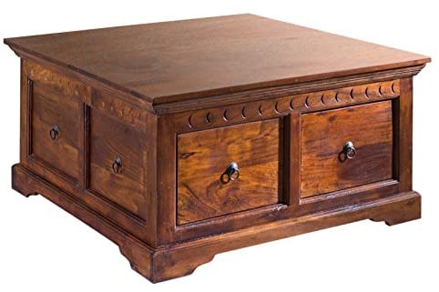 Massivmoebel24.de | Oxford Truhe aus Massivholz - Nougat, lackiert | aus Akazienholz | Kolonialstil | 2 aufklappbare Deckeln | 90x90x45cm | Aufbewahrungsbox Holztruhe Sitztruhe