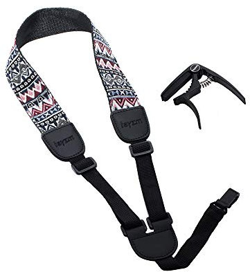 Rayzm Ukulele Gurt & Zink-Legierung Ukulele Capo, Leicht Verstellbare Baumwolle Halsschleife für Ukulele Knopf im Freien Brust-Kreuz-Schleifen Stil, ohne Bohrlöcher