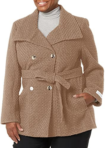 Calvin Klein Damen Doppelreiher Wollmantel mit Gürtel - Beige - Mittel