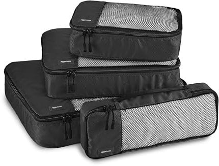Amazon Basics Packwürfel Set für Koffer, Reise Organizer, Reißverschluss, 4 Teilig, Groß, Mittelgroß, Klein, Schmal, Schwarz